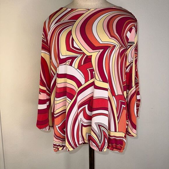 Chico’s Modern Movement Cold Shoulder Top Colorful 70’s Groovy Women’s Medium - Picture 11 of 11